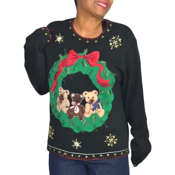 Ugly Christmas Sweater Vintage Teddy Bear Wreath Embroidery Knit Holiday Size XL - Picture 11 of 16